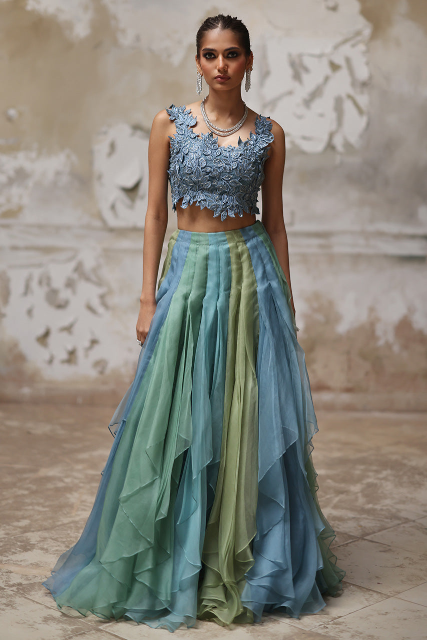 Blue Green 3D Embroidered Organza Lehenga (2-Piece) - Image 1