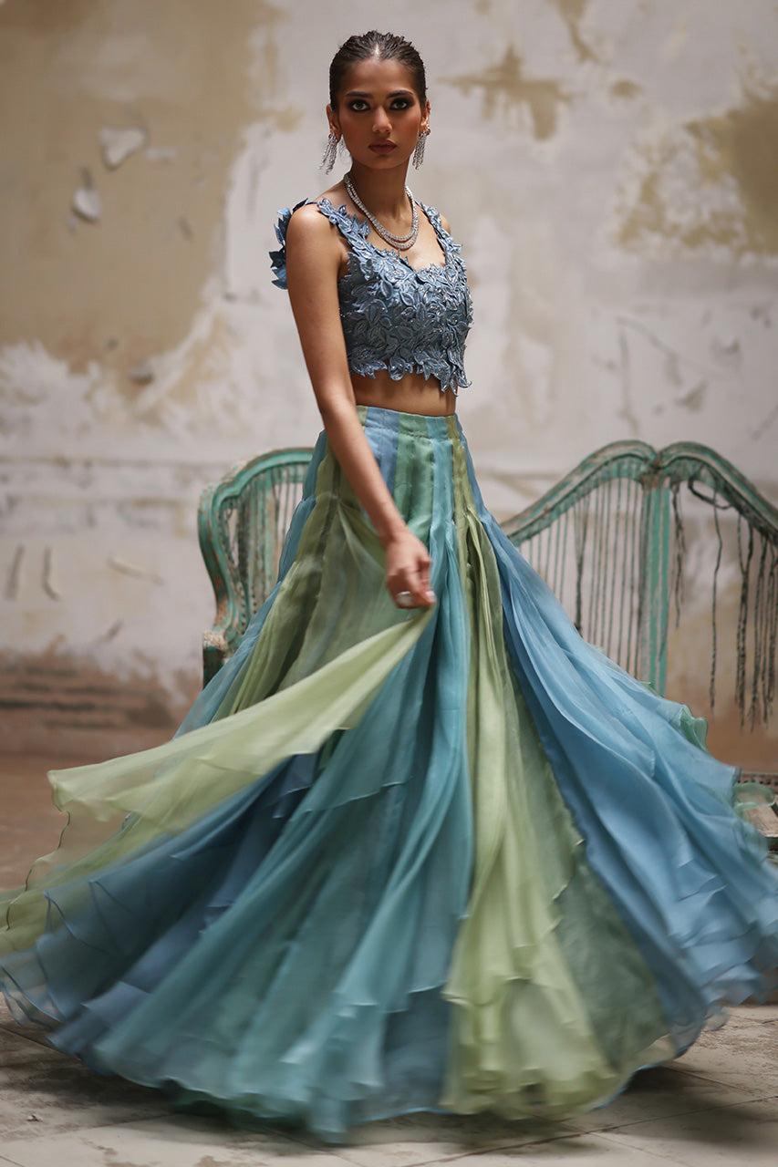 Blue Green 3D Embroidered Organza Lehenga (2-Piece) - Image 2