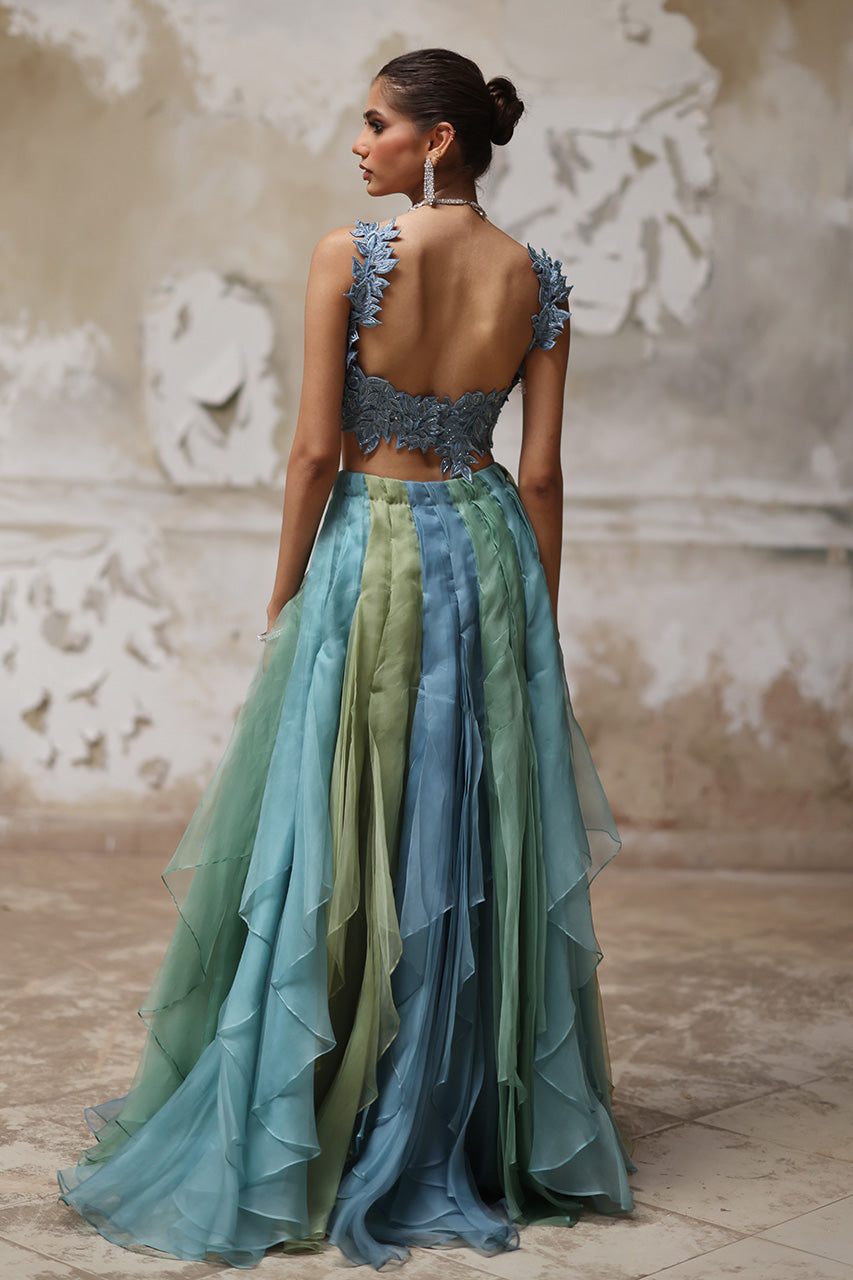 Blue Green 3D Embroidered Organza Lehenga (2-Piece) - Image 3