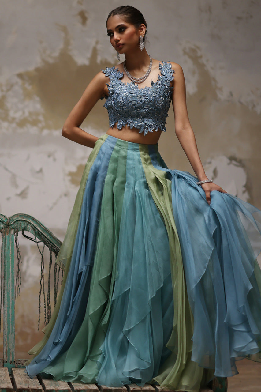 Blue Green 3D Embroidered Organza Lehenga (2-Piece) - Image 4