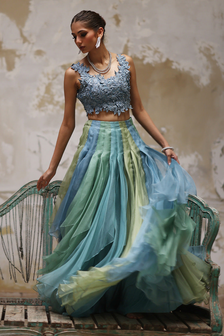 Blue Green 3D Embroidered Organza Lehenga (2-Piece) - Image 5