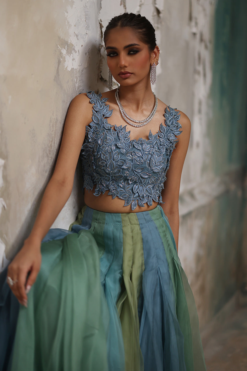 Blue Green 3D Embroidered Organza Lehenga (2-Piece) - Image 6