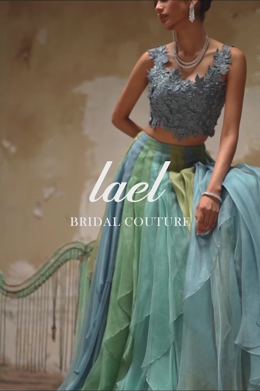 Blue Green 3D Embroidered Organza Lehenga (2-Piece) - Image 7