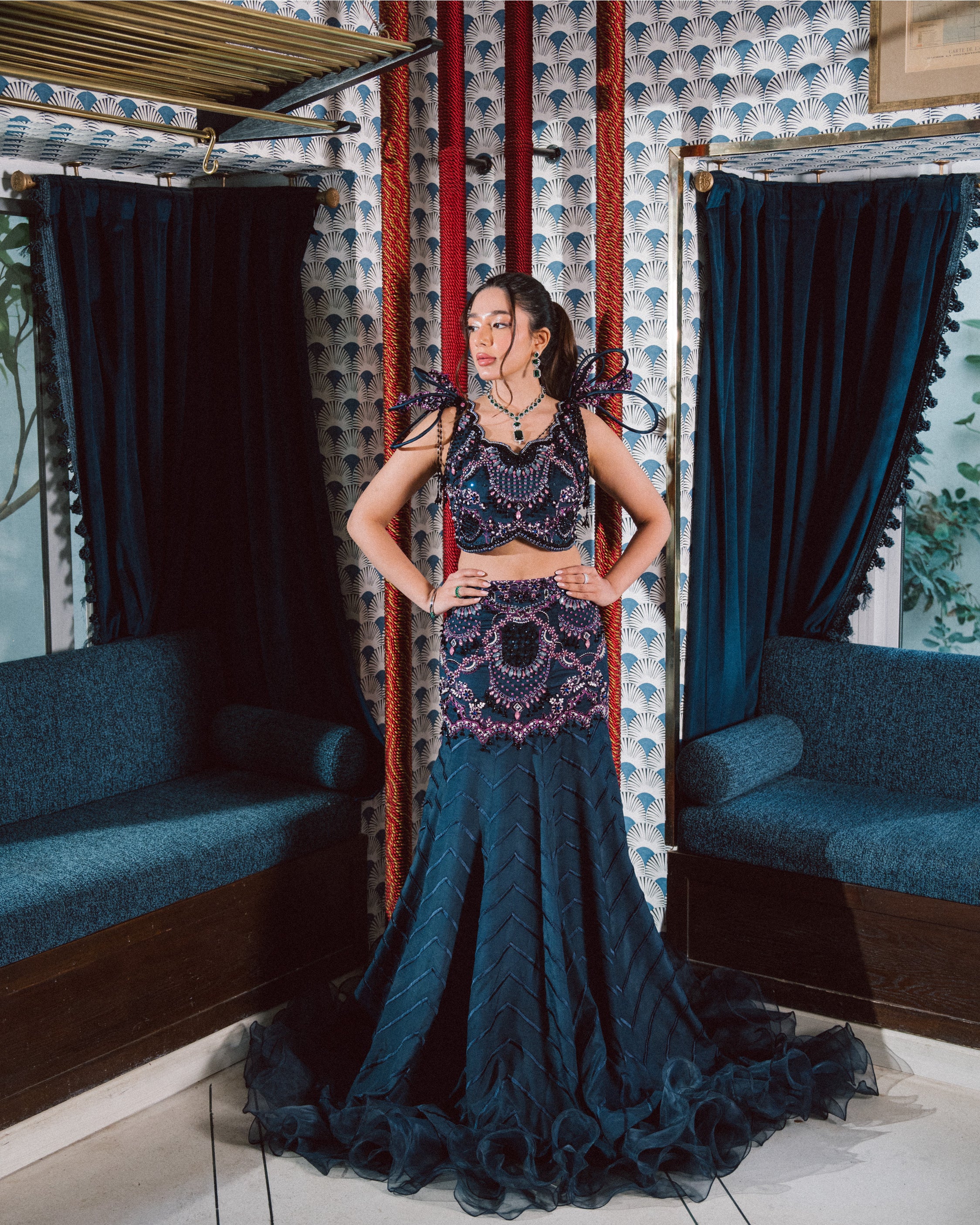 Dark Blue Embellished Raw Silk Lehenga (2-Piece) - Image 1