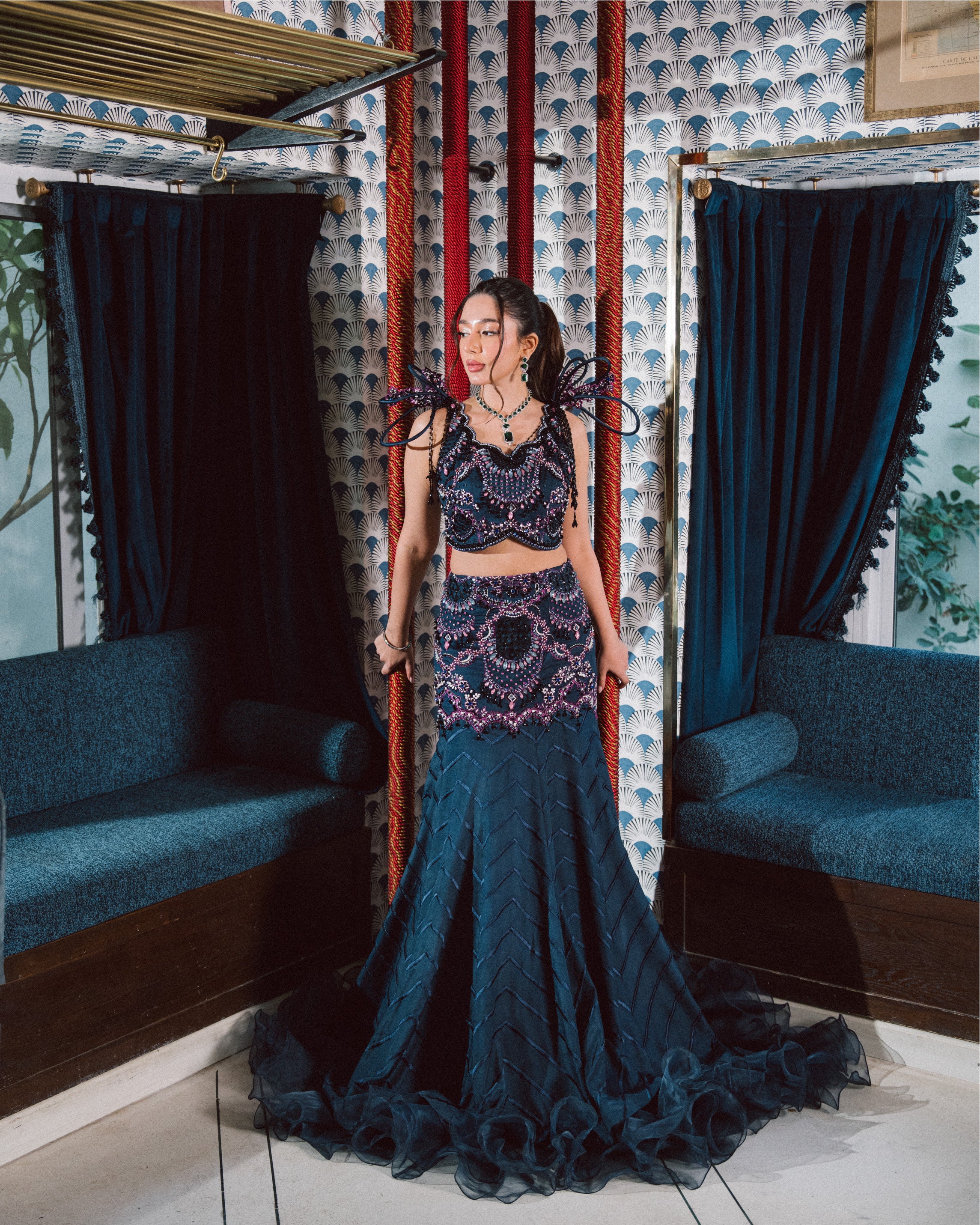 Dark Blue Embellished Raw Silk Lehenga (2-Piece) - Image 10