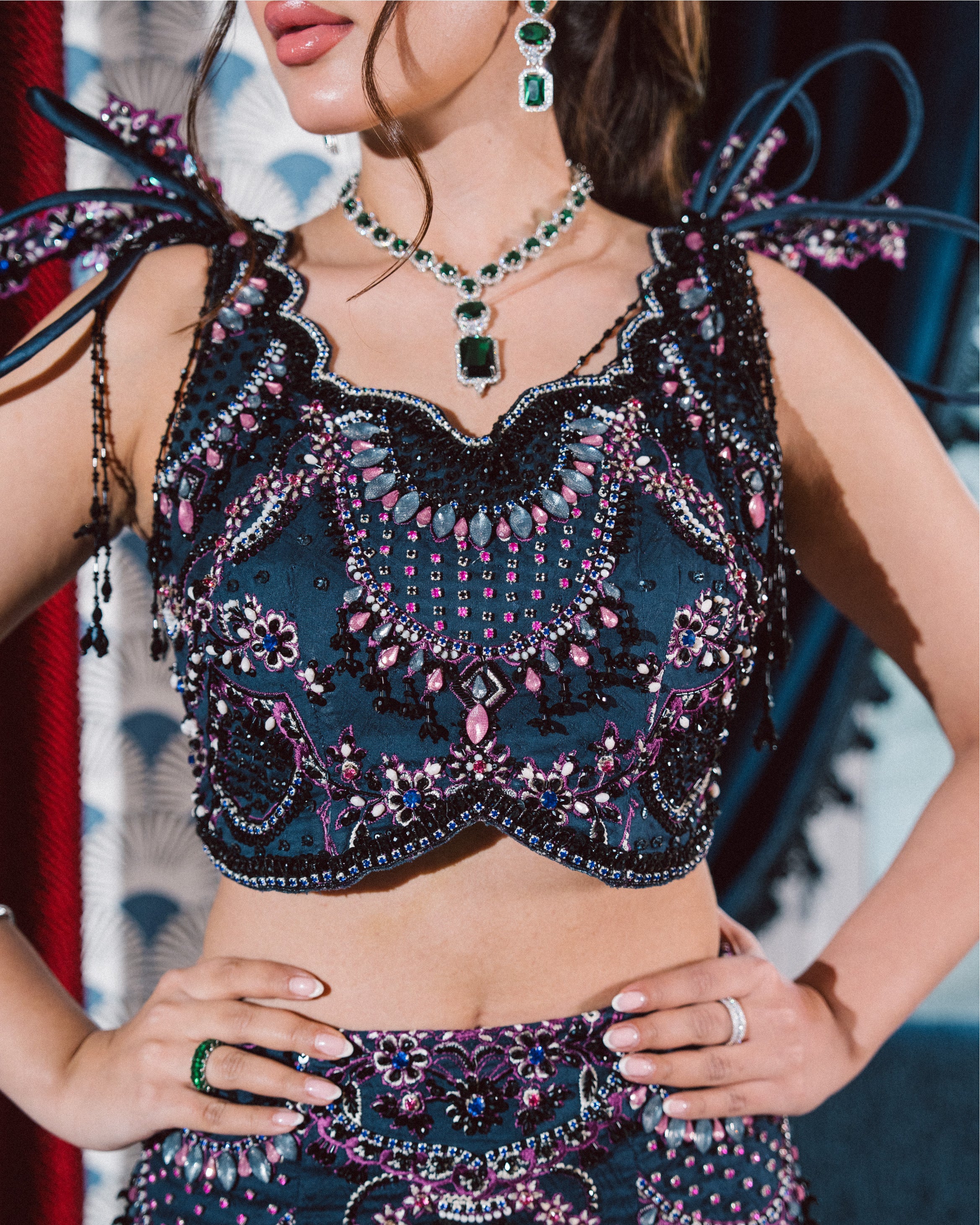 Dark Blue Embellished Raw Silk Lehenga (2-Piece) - Image 2