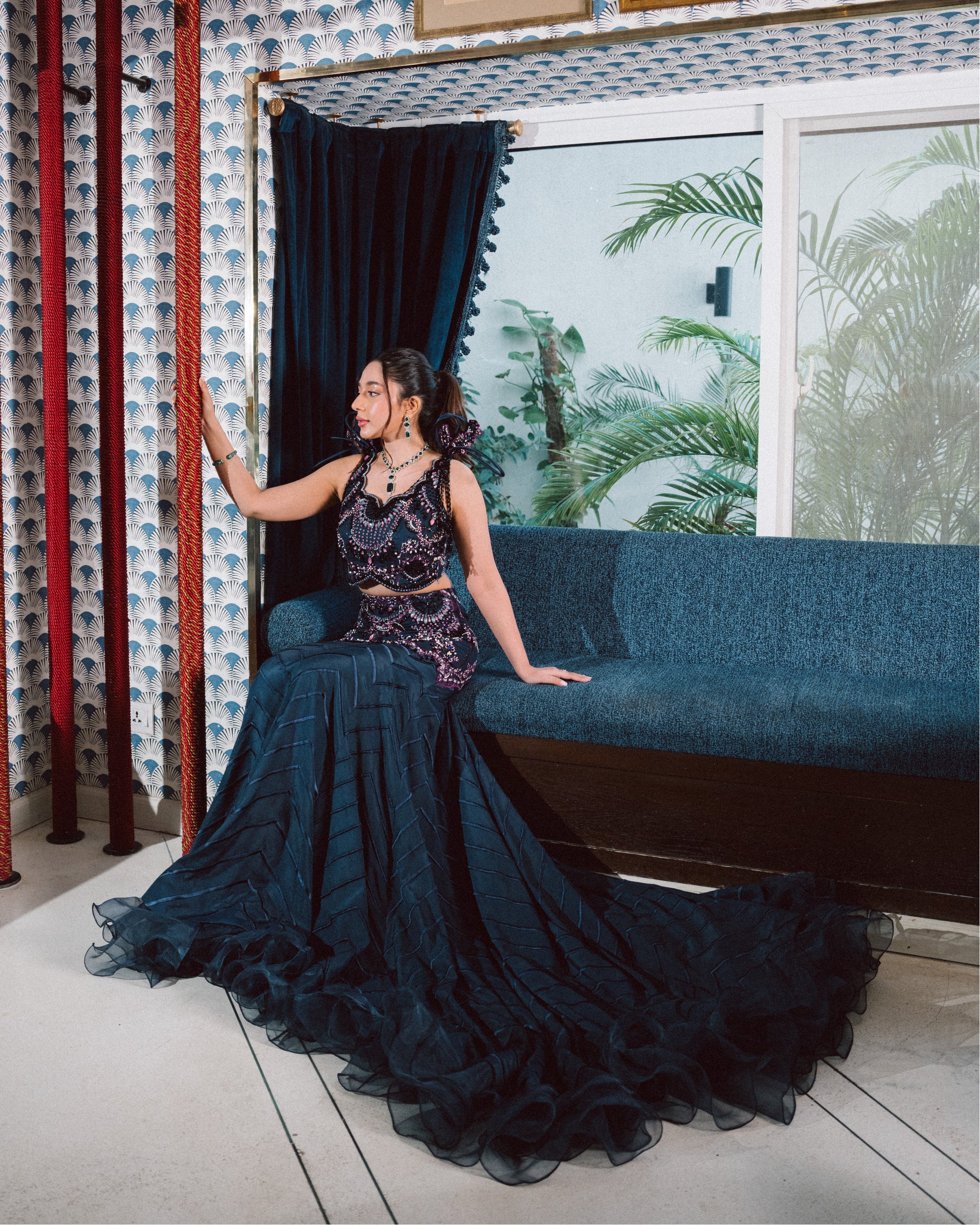 Dark Blue Embellished Raw Silk Lehenga (2-Piece) - Image 3