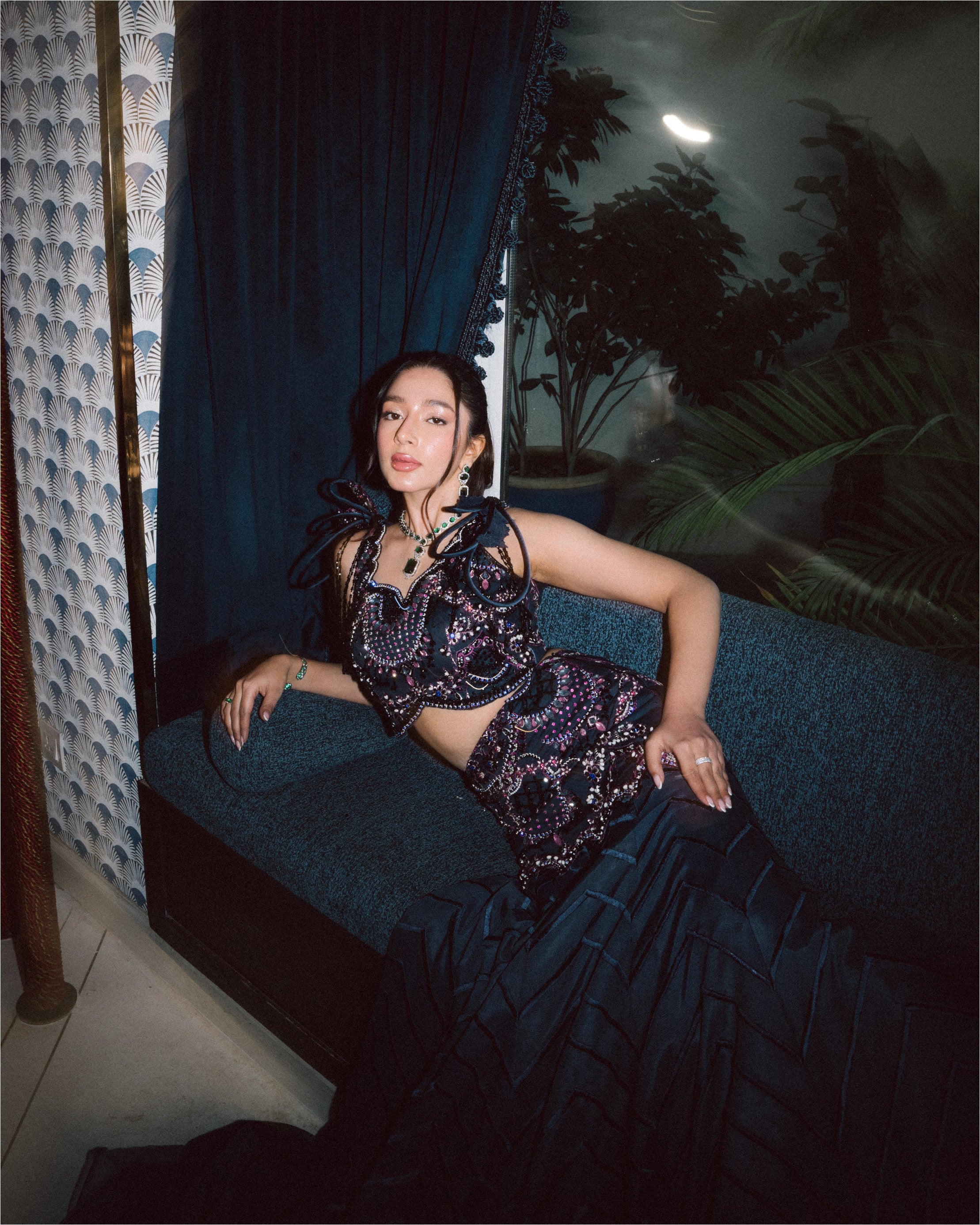 Dark Blue Embellished Raw Silk Lehenga (2-Piece) - Image 4