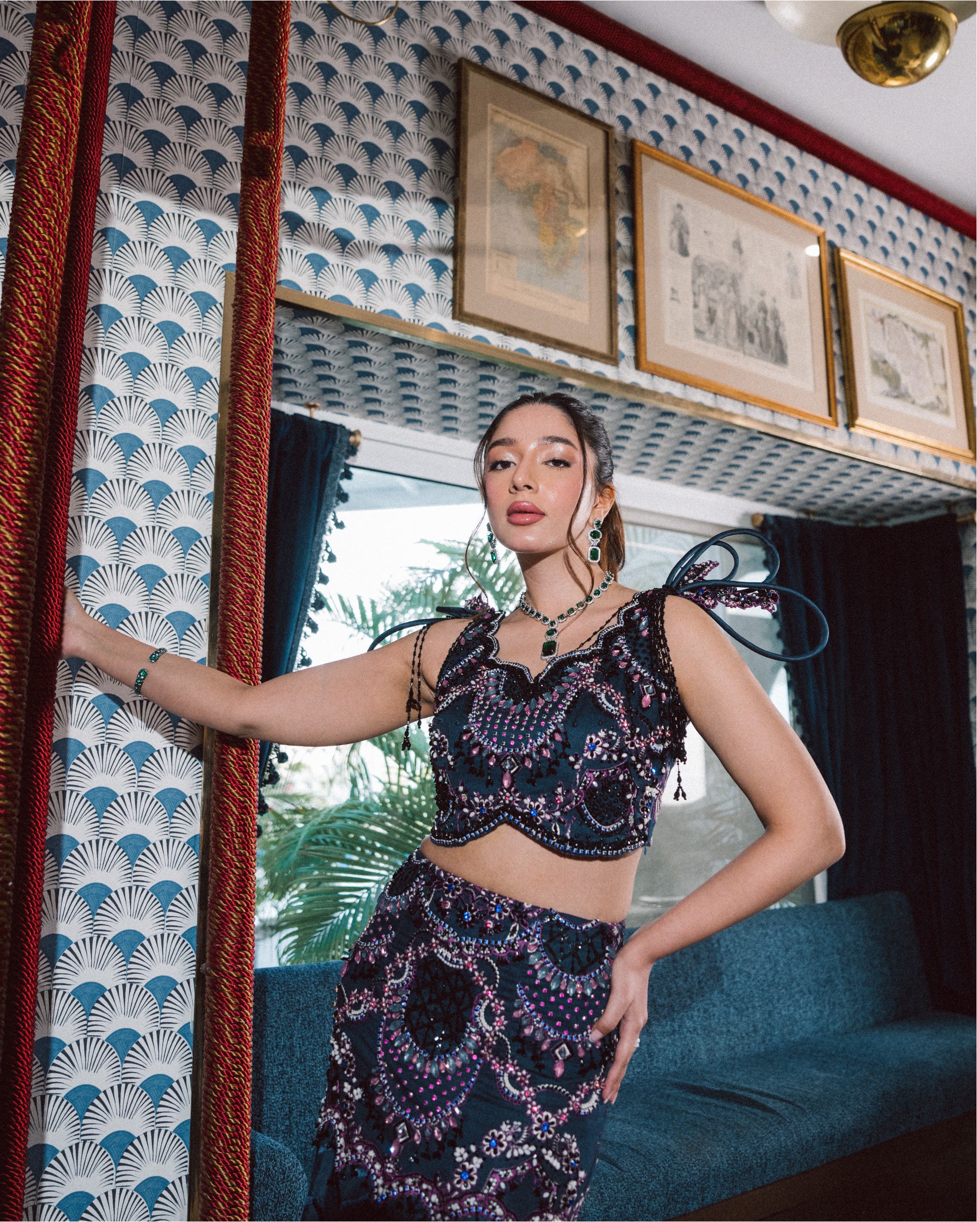 Dark Blue Embellished Raw Silk Lehenga (2-Piece) - Image 6