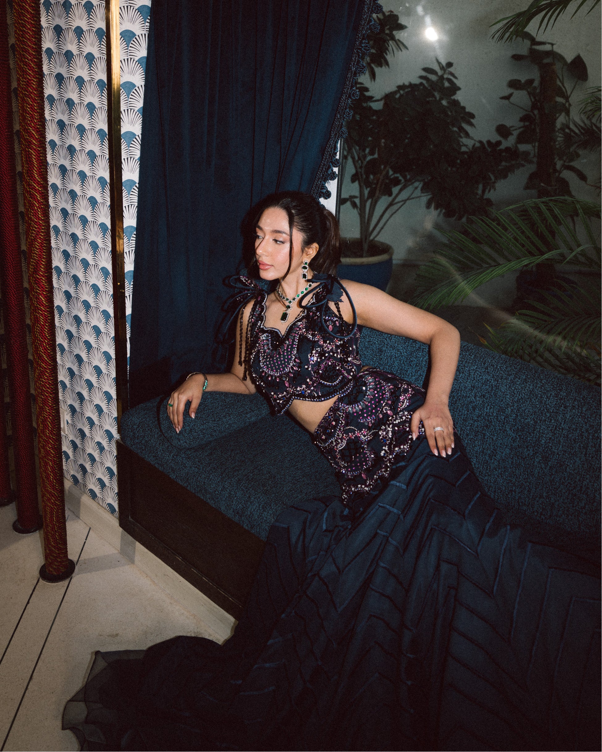 Dark Blue Embellished Raw Silk Lehenga (2-Piece) - Image 7