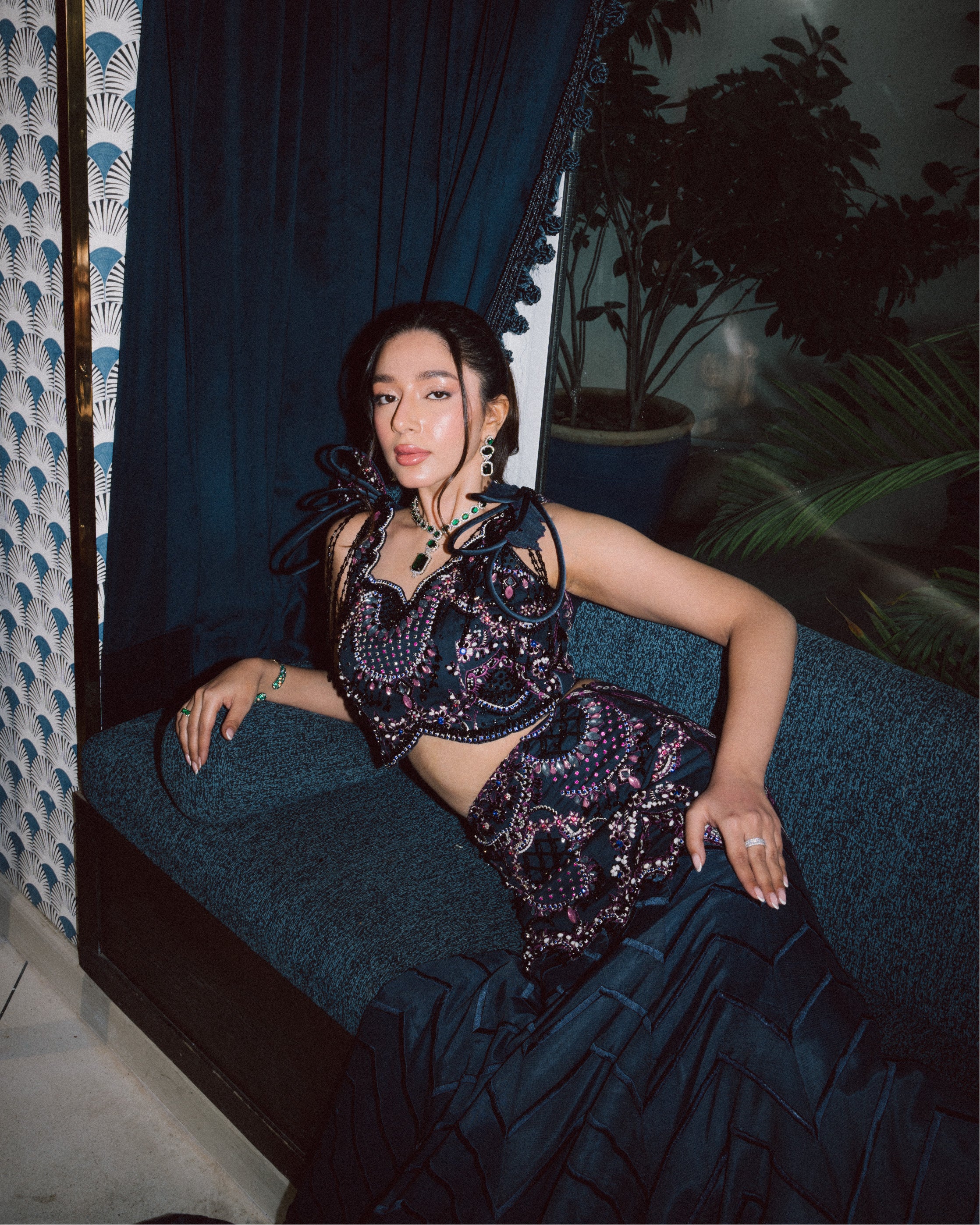 Dark Blue Embellished Raw Silk Lehenga (2-Piece) - Image 8