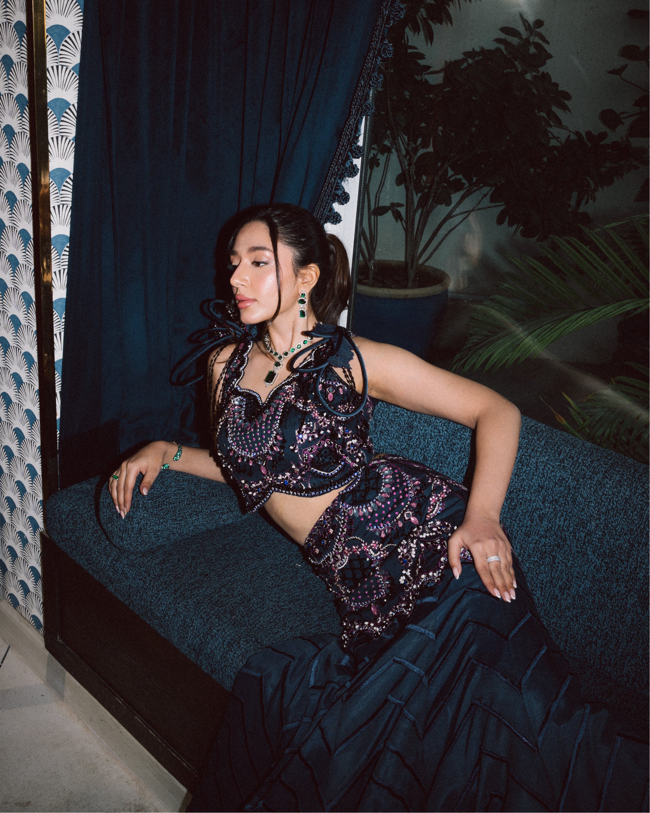 Dark Blue Embellished Raw Silk Lehenga (2-Piece) - Image 9