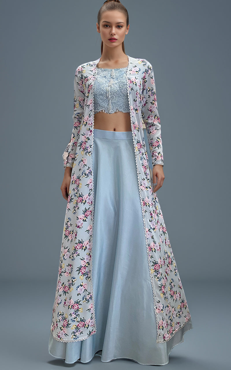 Powder Blue Embroidered Satin-Blend Lehenga (3-Piece) - Image 1