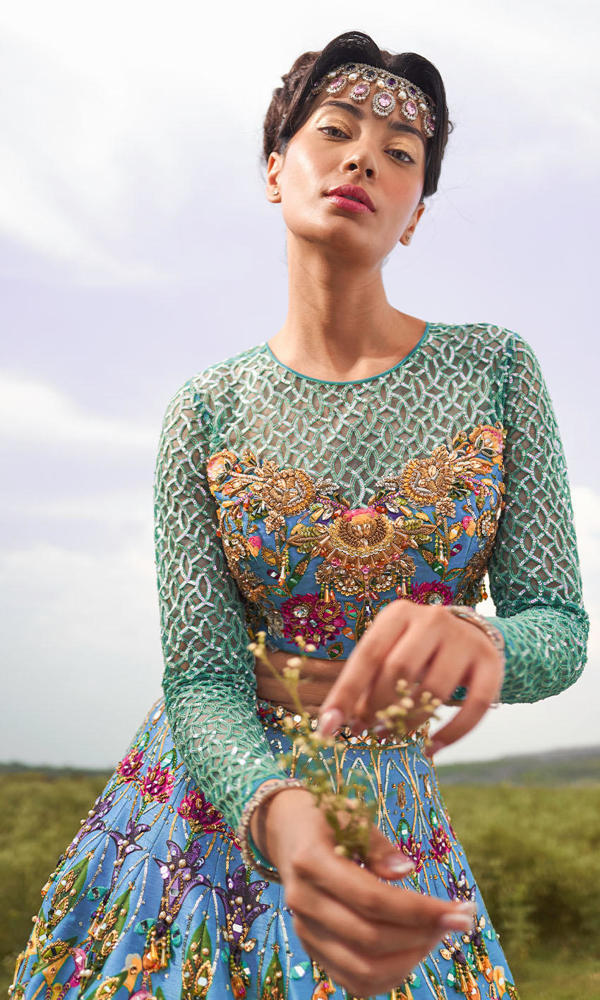 Pakistani Ultramarine Mirror Work Silk-Blend Lehenga (3-Piece) - Image 10