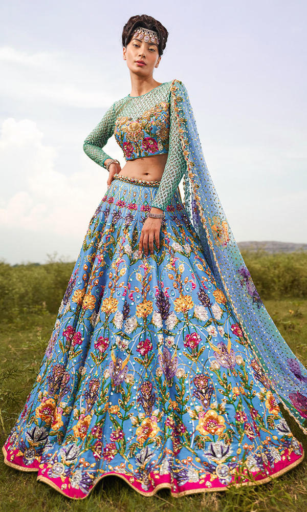 Pakistani Ultramarine Mirror Work Silk-Blend Lehenga (3-Piece) - Image 2