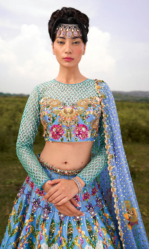 Pakistani Ultramarine Mirror Work Silk-Blend Lehenga (3-Piece) - Image 3