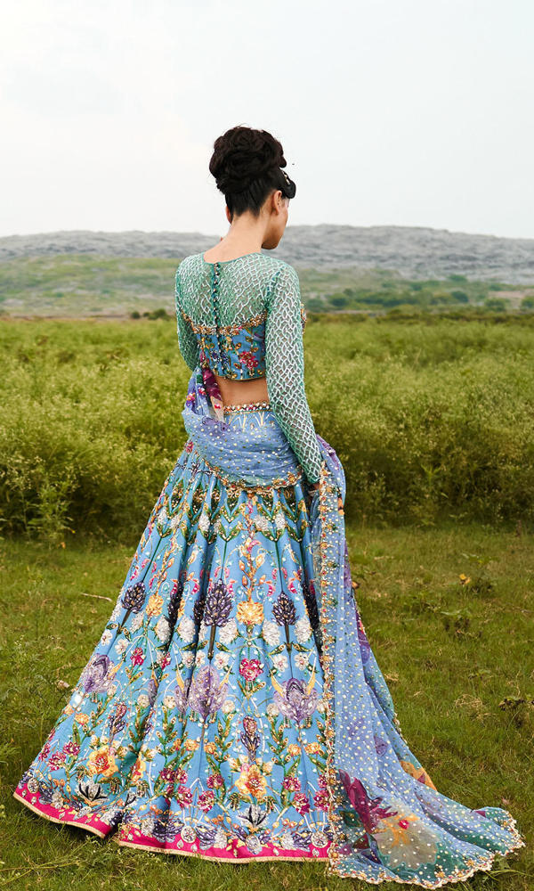 Pakistani Ultramarine Mirror Work Silk-Blend Lehenga (3-Piece) - Image 4