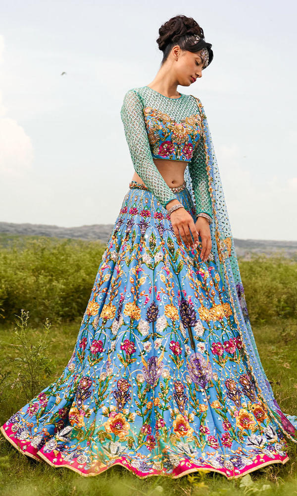 Pakistani Ultramarine Mirror Work Silk-Blend Lehenga (3-Piece) - Image 5