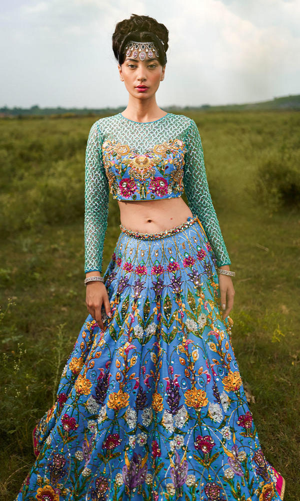 Pakistani Ultramarine Mirror Work Silk-Blend Lehenga (3-Piece) - Image 7