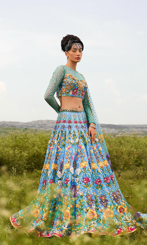 Pakistani Ultramarine Mirror Work Silk-Blend Lehenga (3-Piece) - Image 8
