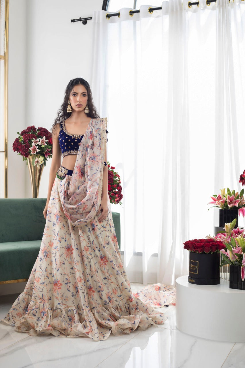 Pakistani Cobalt Velvet Embellished Choli with Khaddi Silk Lehenga (3-Piece) - Image 1