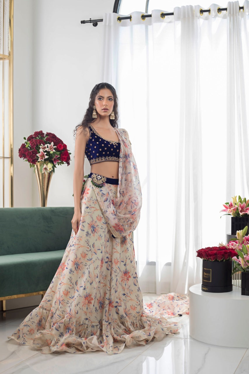 Pakistani Cobalt Velvet Embellished Choli with Khaddi Silk Lehenga (3-Piece) - Image 2