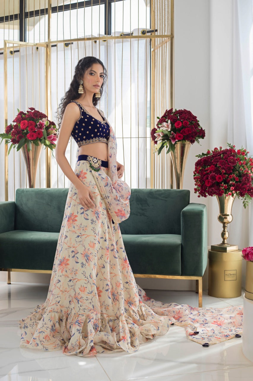 Pakistani Cobalt Velvet Embellished Choli with Khaddi Silk Lehenga (3-Piece) - Image 3