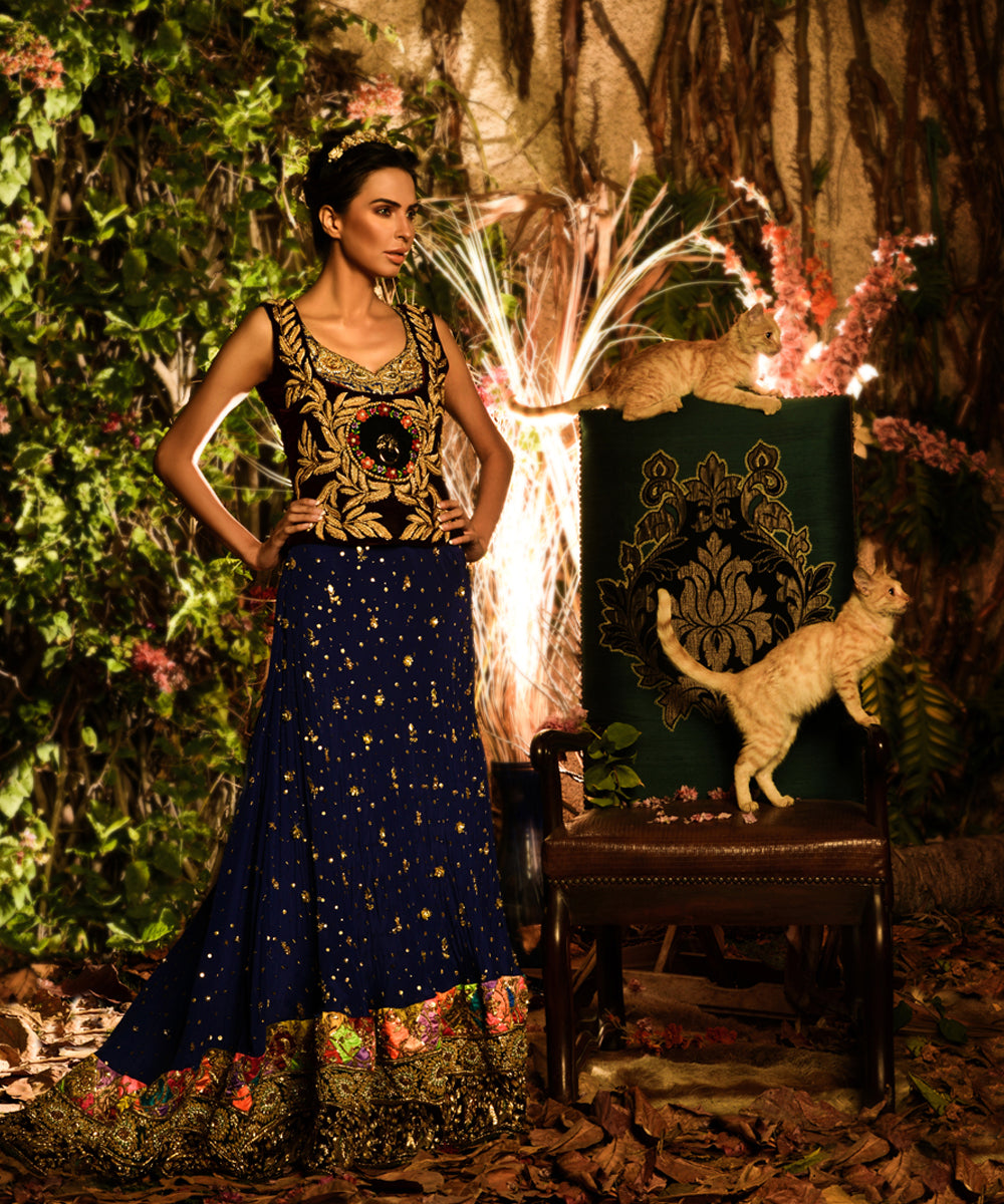 Pakistani Midnight Blue Embroidered Velvet Lehenga Set (2-Piece) - Image 1