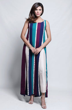 Blue Colour-Blocked Georgette Chiffon Maxi Tunic (2-Piece) - Image 1