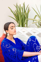 Pakistani Cobalt Blue Laser-Cut Georgette Chiffon Tunic (1-Pc) - Image 2