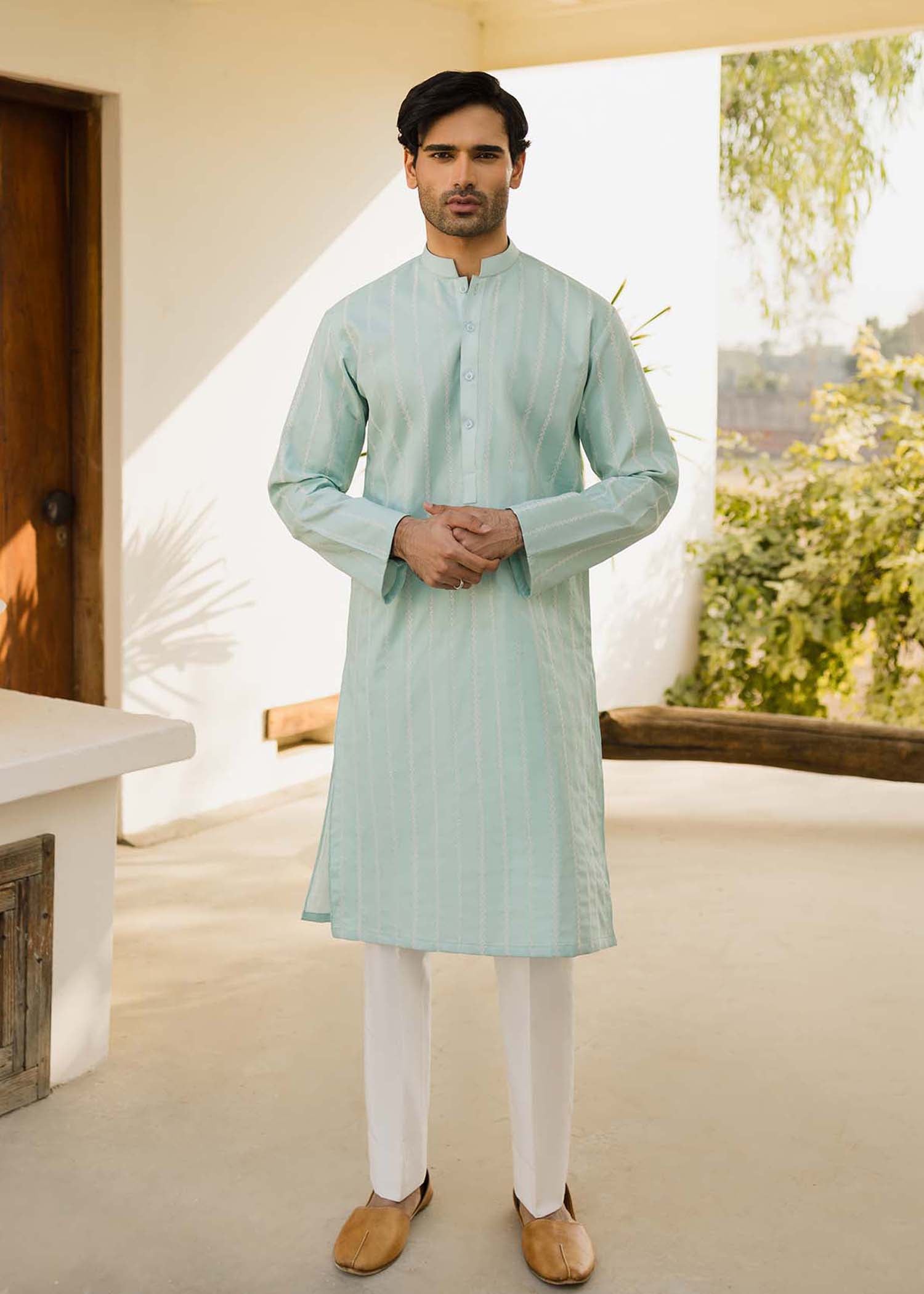 Sky Blue Geometric Embroidered Cambric Cotton Kurta (2-Piece) - Image 1
