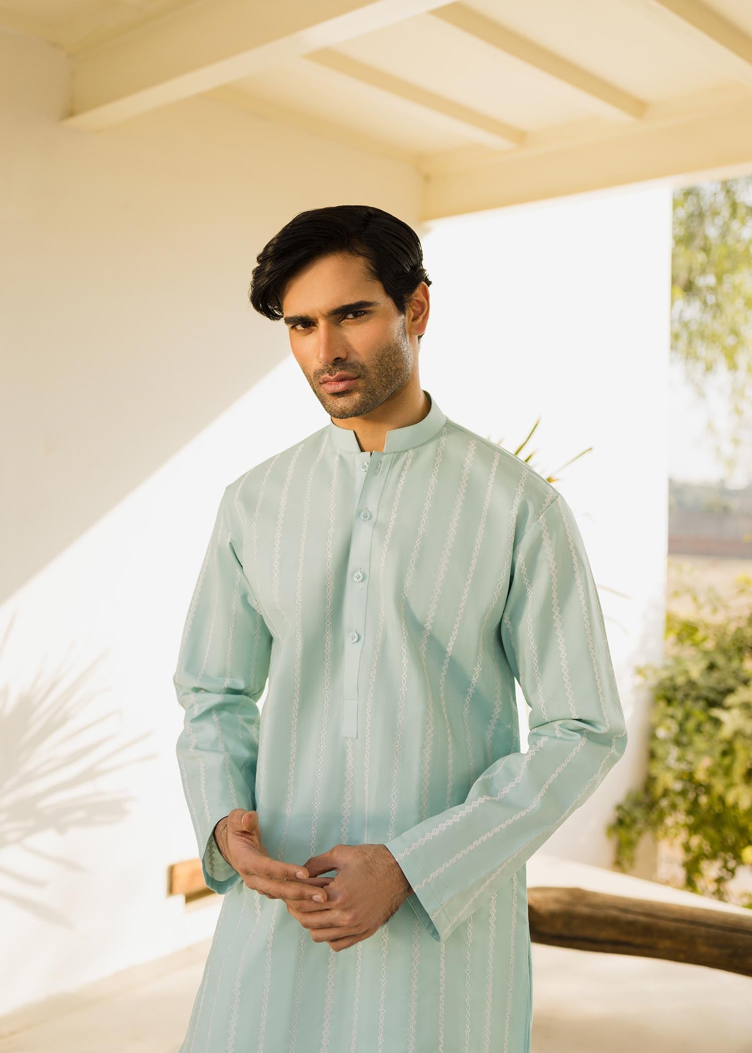 Sky Blue Geometric Embroidered Cambric Cotton Kurta (2-Piece) - Image 2