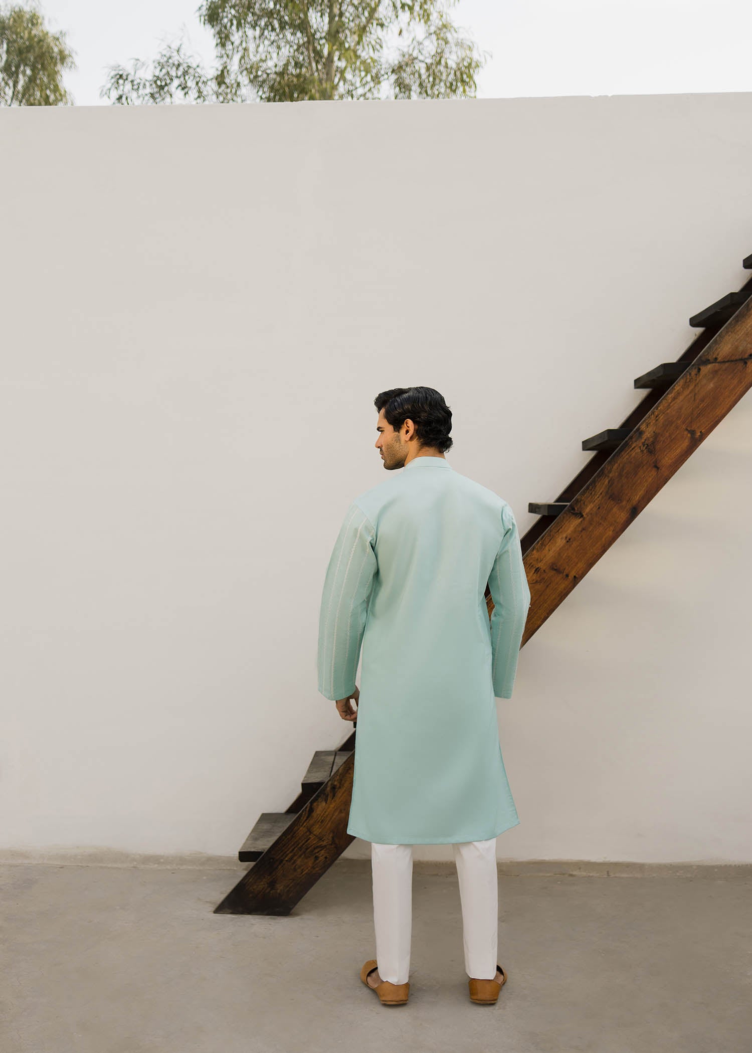 Sky Blue Geometric Embroidered Cambric Cotton Kurta (2-Piece) - Image 3