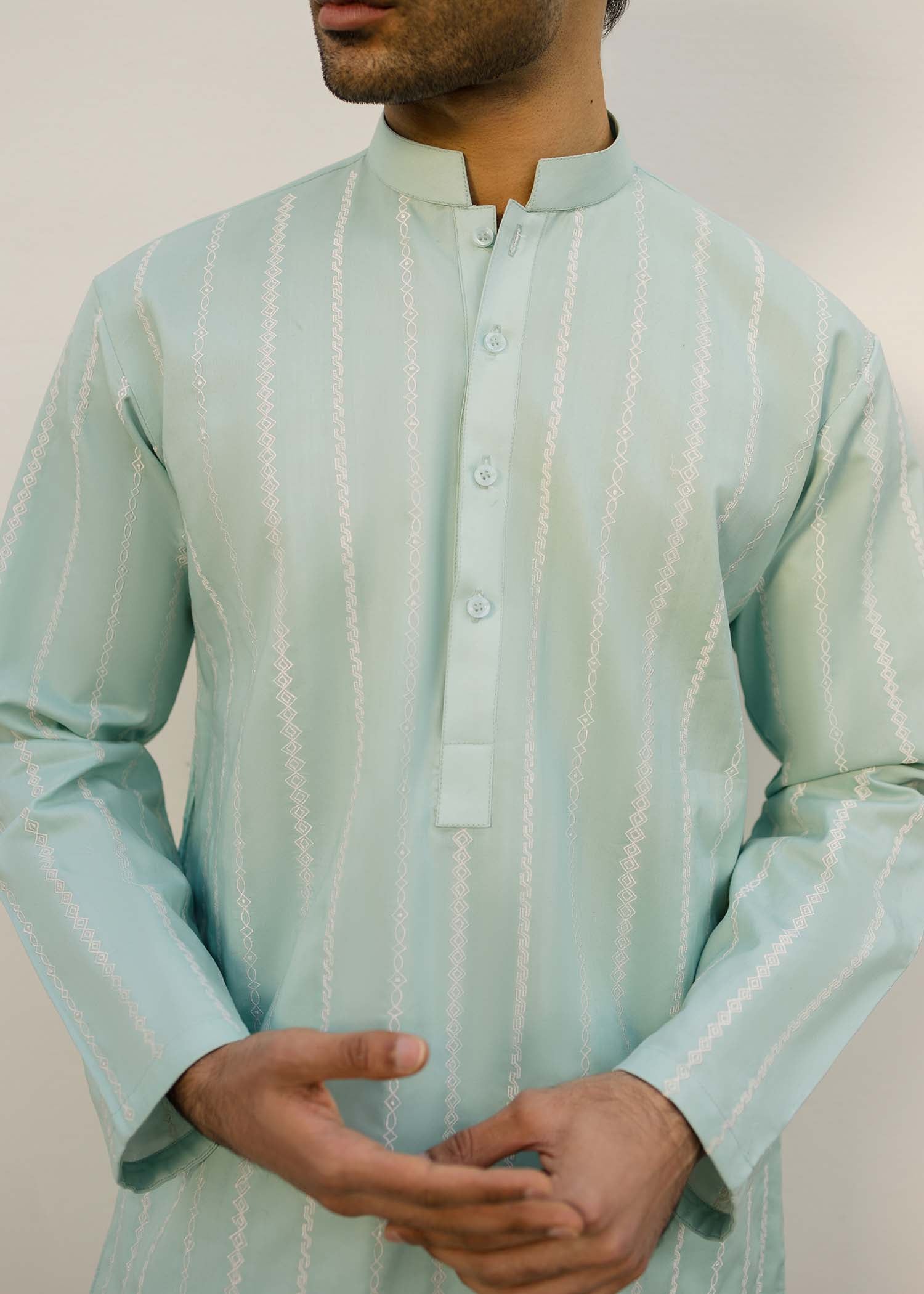 Sky Blue Geometric Embroidered Cambric Cotton Kurta (2-Piece) - Image 4