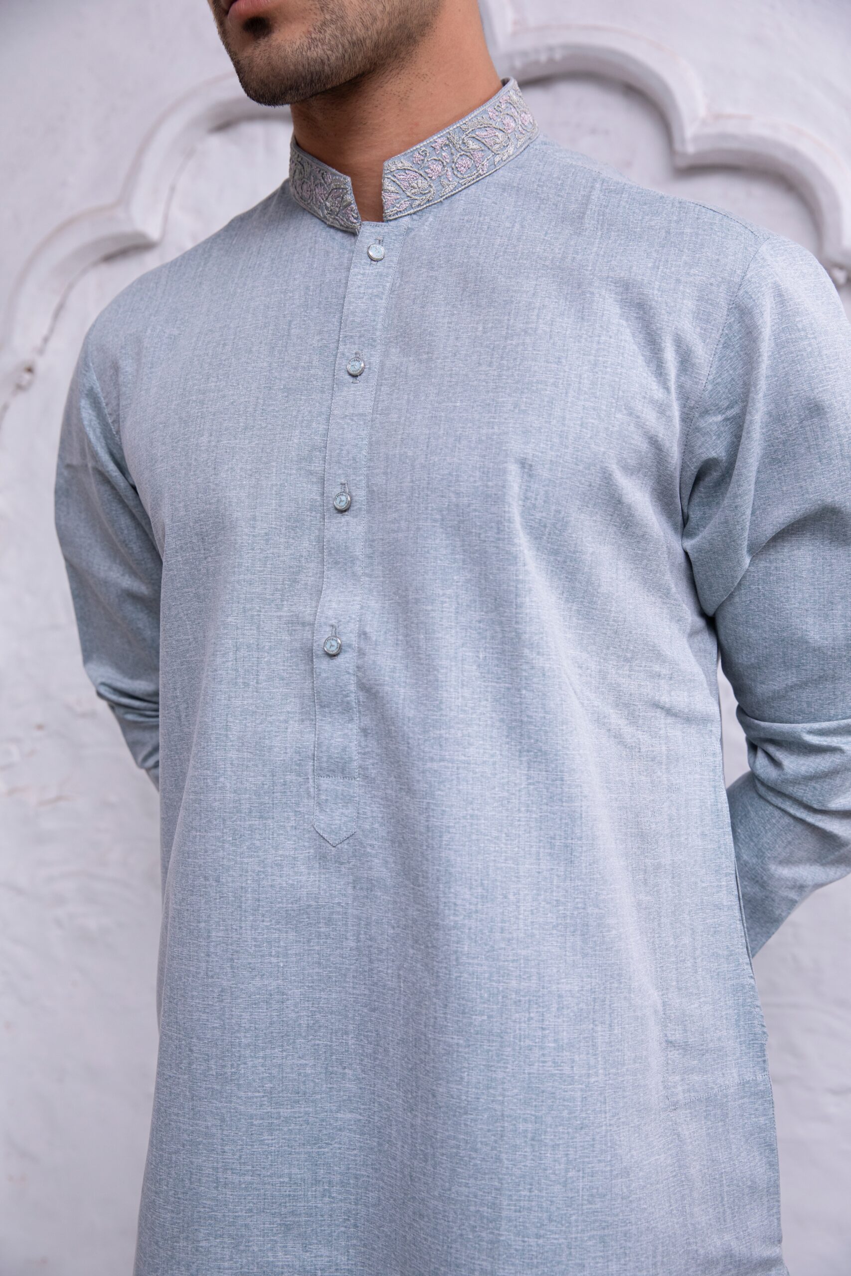 Sky Blue Embroidered Fine Fabric Kurta (2-Piece) - Image 2