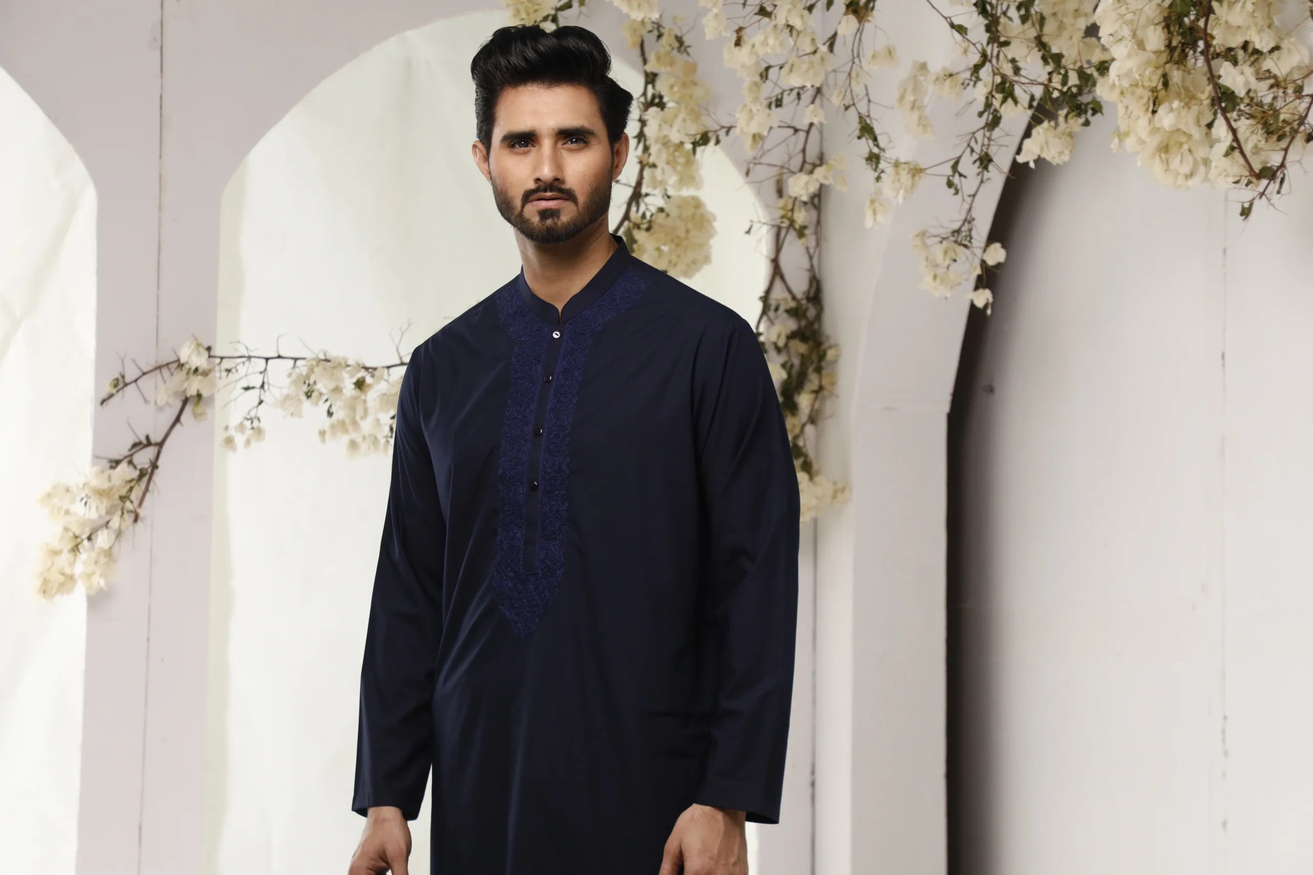 Midnight Blue Embroidered Cotton-Blend Kurta (2-Piece) - Image 1