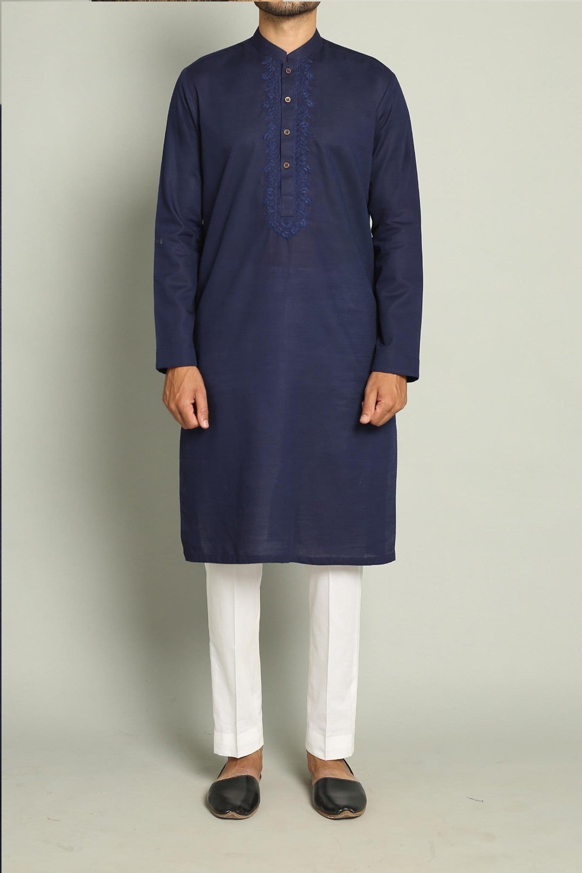 Navy Blue Hand-Embroidered Cotton Kurta (2-Piece) - Image 1