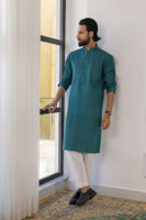 Ocean Blue Embossed Embroidered Cotton Net Kurta (2-Piece) - Image 1