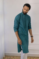 Ocean Blue Embossed Embroidered Cotton Net Kurta (2-Piece) - Image 2
