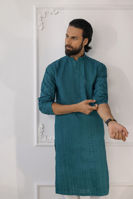 Ocean Blue Embossed Embroidered Cotton Net Kurta (2-Piece) - Image 3