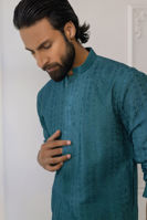 Ocean Blue Embossed Embroidered Cotton Net Kurta (2-Piece) - Image 4