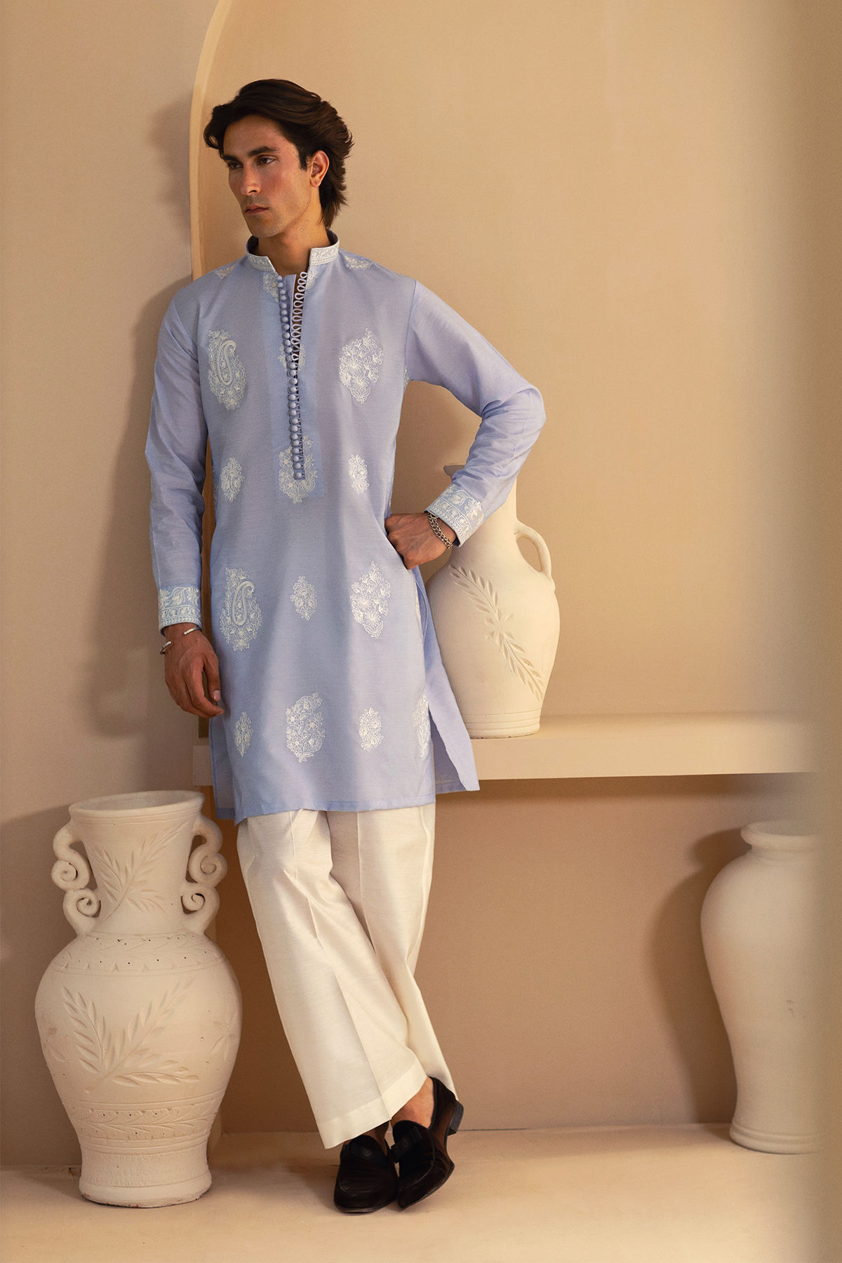 Light Blue Embroidered Cotton Net Kurta (2-Piece) - Image 1