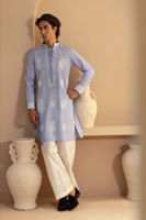 Light Blue Embroidered Cotton Net Kurta (2-Piece) - Image 2