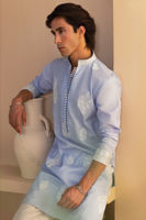 Light Blue Embroidered Cotton Net Kurta (2-Piece) - Image 3