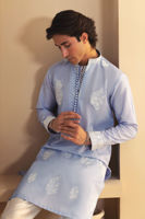 Light Blue Embroidered Cotton Net Kurta (2-Piece) - Image 4