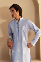 Light Blue Embroidered Cotton Net Kurta (2-Piece) - Image 5