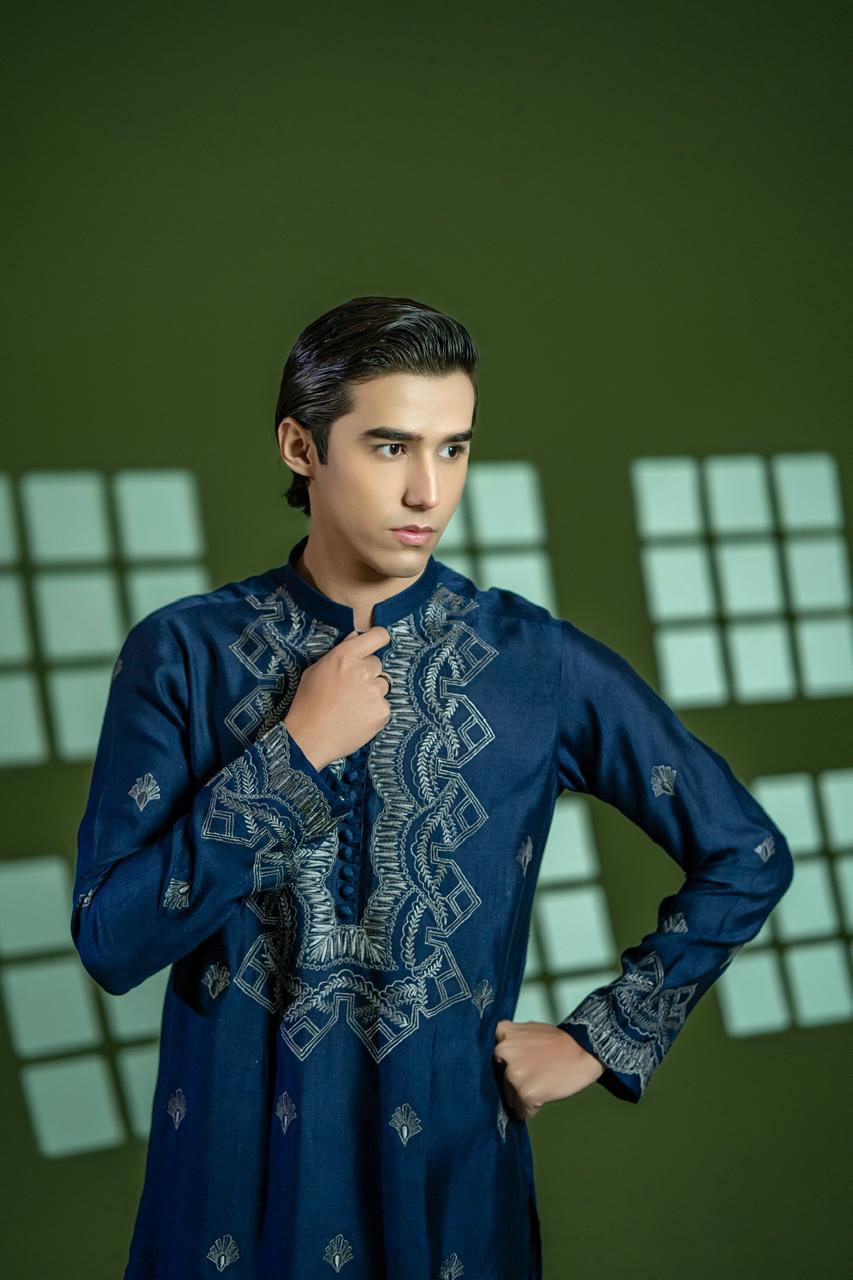 Deep Blue Hand Embroidered Cotton Net Kurta (2-Piece) - Image 3