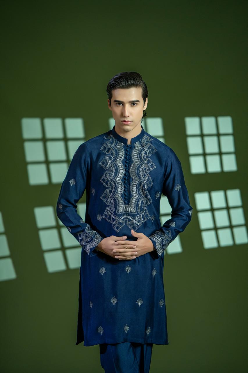 Deep Blue Hand Embroidered Cotton Net Kurta (2-Piece) - Image 4
