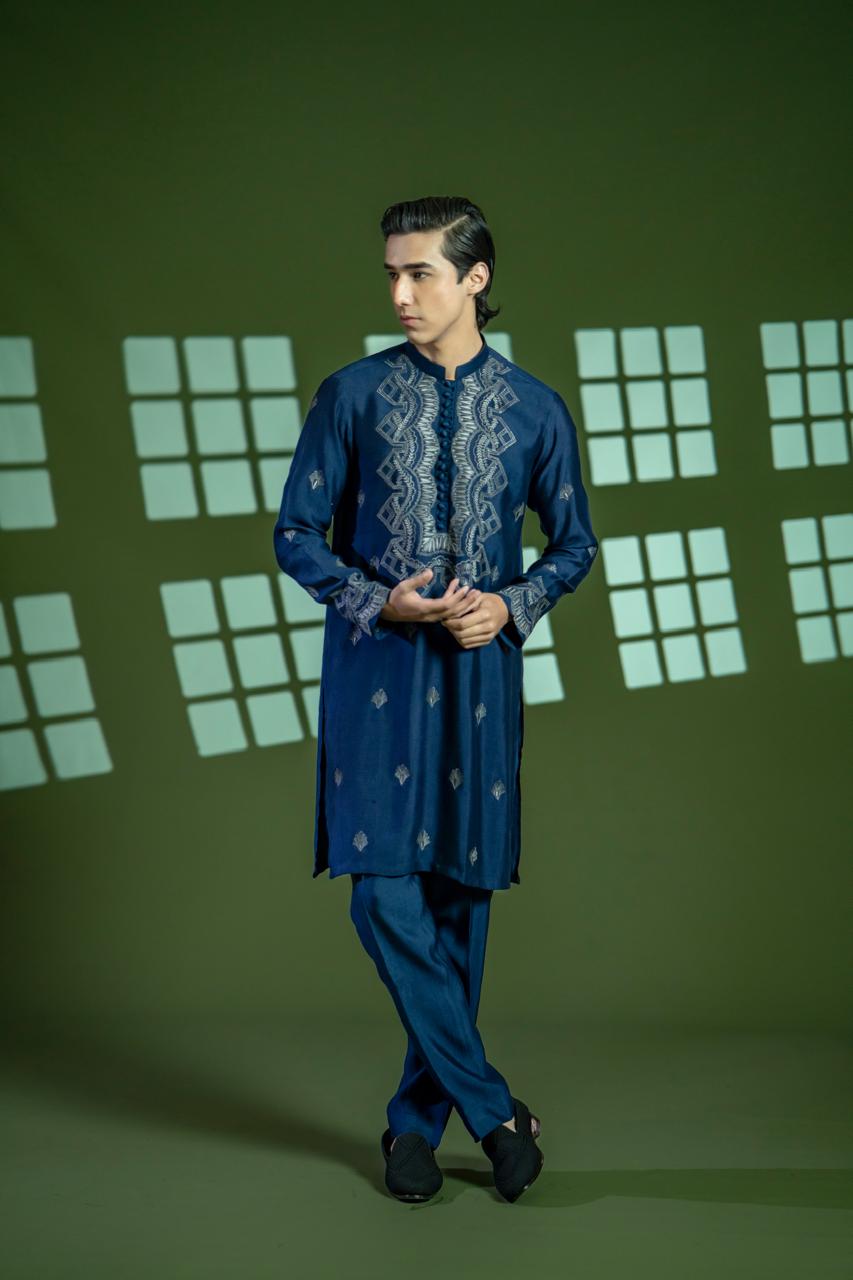 Deep Blue Hand Embroidered Cotton Net Kurta (2-Piece) - Image 5