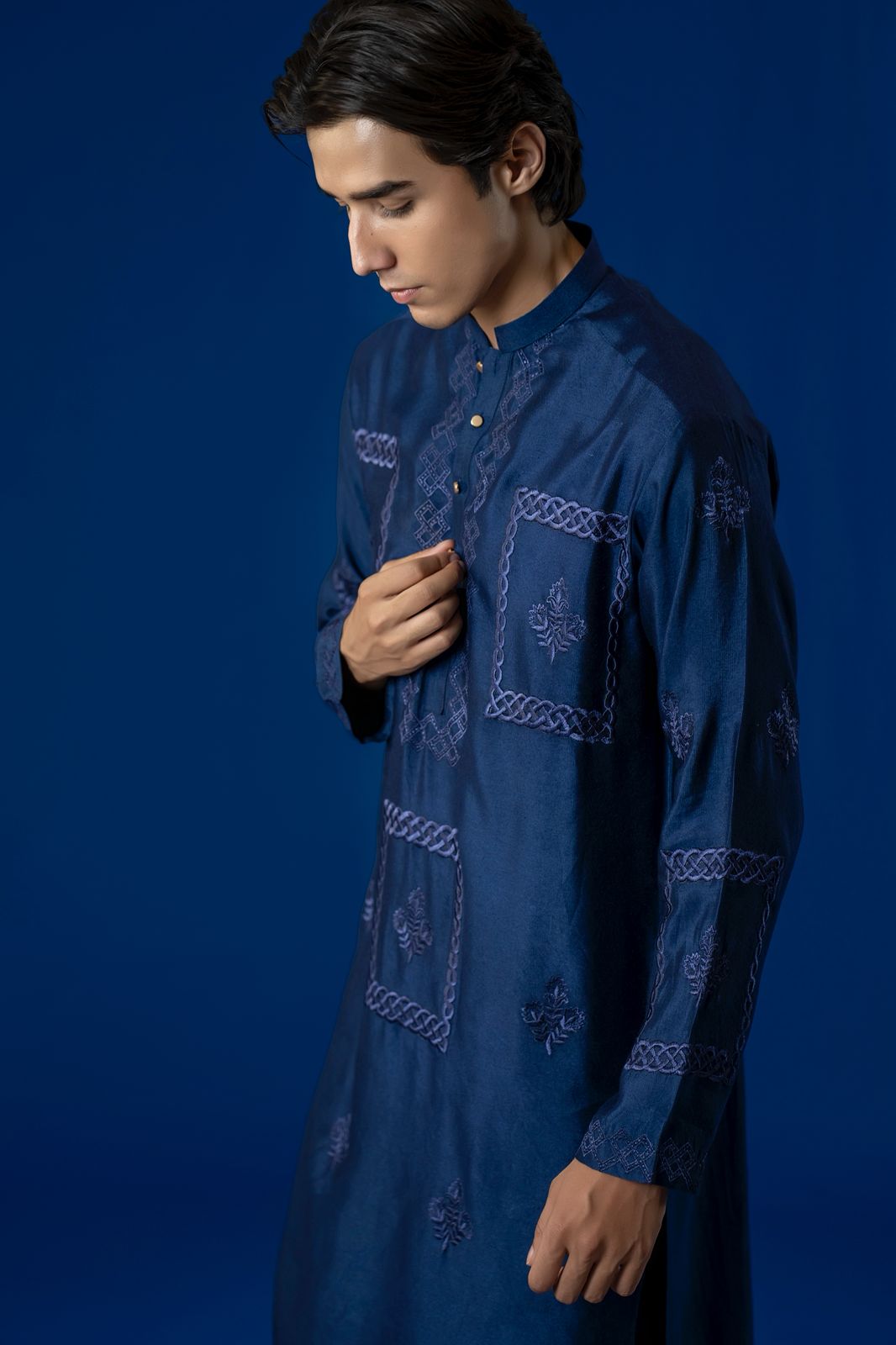 Deep Blue Hand-Embroidered Cotton Net Kurta Pajama (2-Piece) - Image 4